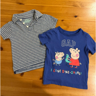 （二手男寶2Y90公分兩件）美國🇺🇸品牌 crewcuts橫條polo衫 GAP佩佩豬 藍色短袖T恤上衣Tshirt