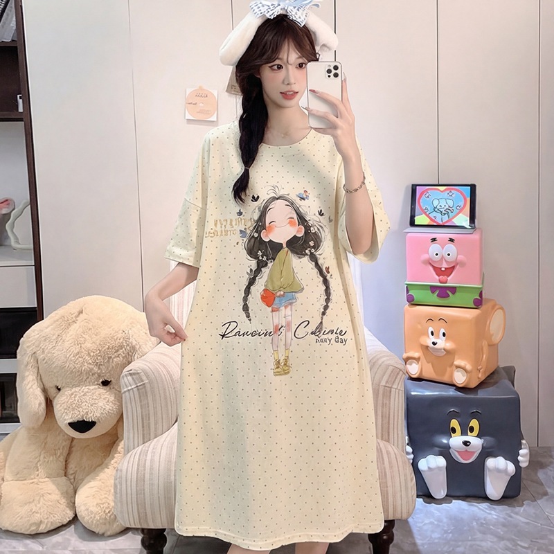 台灣出貨 女生可愛睡裙 夏季新品家居服 短袖睡裙 寬鬆大碼睡衣 女生睡衣 大尺碼睡衣 大碼睡裙 睡衣裙 睡衣女 可愛睡衣