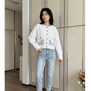 95）Sisjeans 白色薄款圓領落肩短版修身波點拼接丹寧外套 S-L可穿