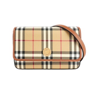 BURBERRY Hampshire 經典格紋及小牛皮翻蓋斜背包(經典米色)