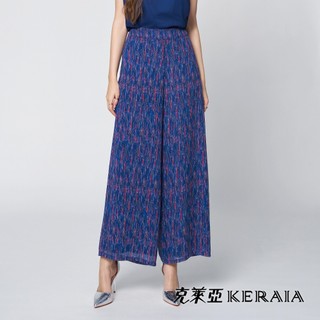 【KERAIA 克萊亞】逐夢蔚藍海印花雪紡寬褲