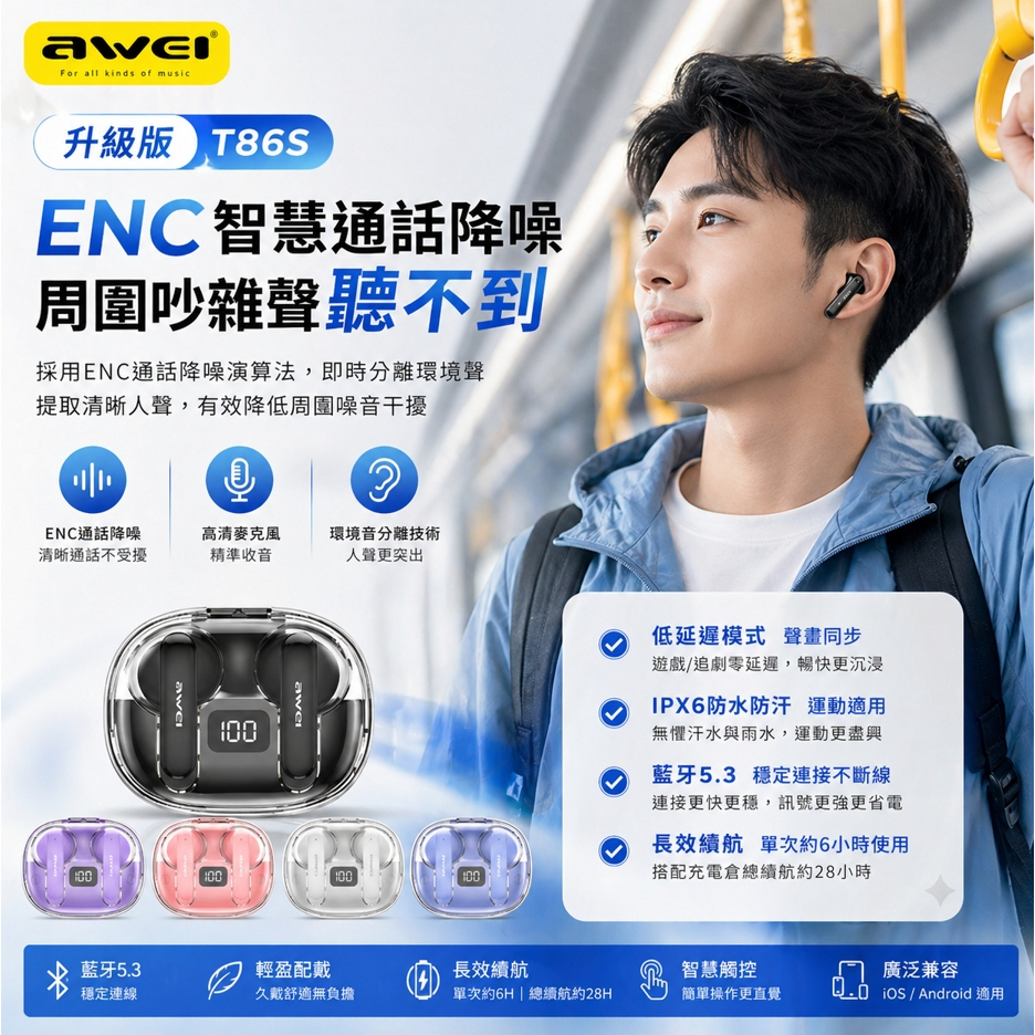 送線 AWEI T86S TWS降噪遊戲真藍牙耳機 IPX6防水防汗 ENC抗噪 TWS耳機 通話抗噪 入耳式