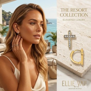 ELLIE VAIL 邁阿密防水珠寶 金色小圓鑲鑽十字架耳環 Ridge Cross