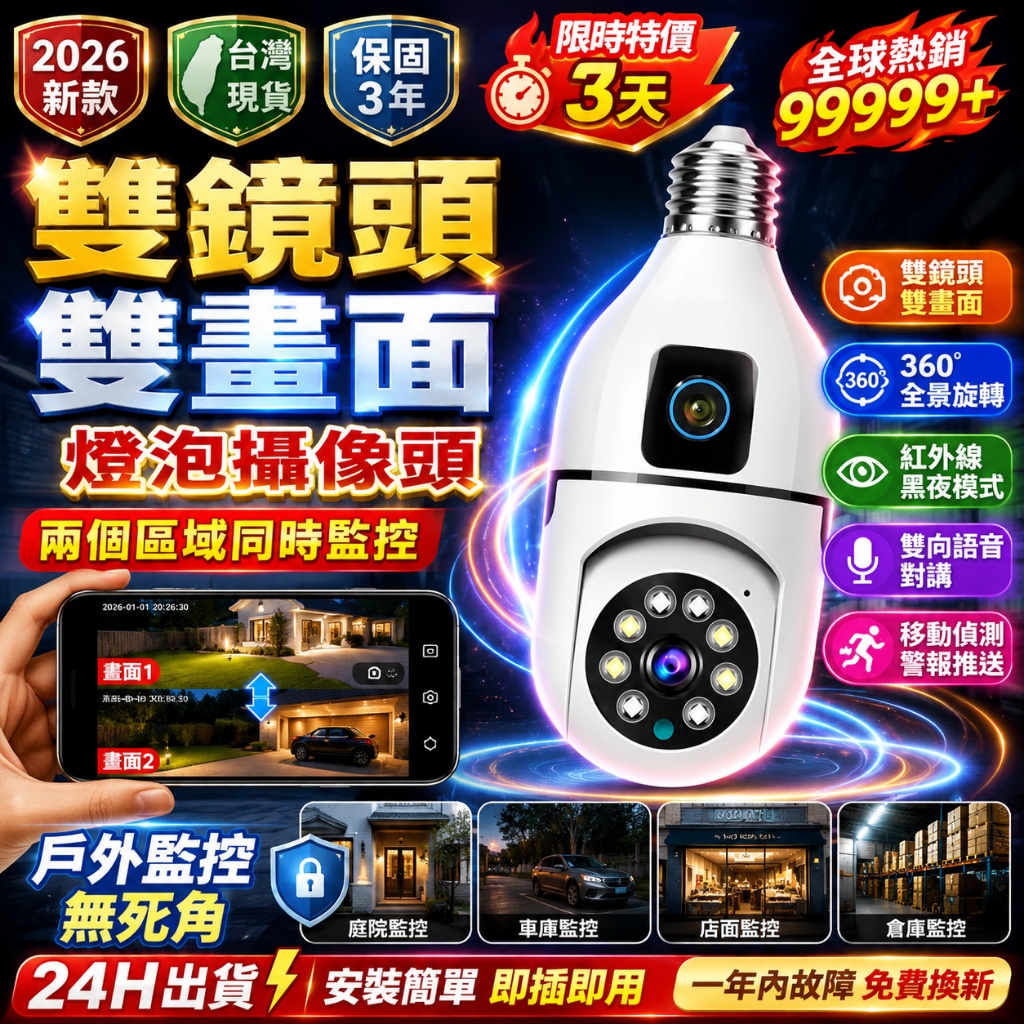 語音對講💥360度燈泡座攝影機 燈泡監視器 戶外監視器 無線監視器 雙鏡頭監視器  360°攝影機 小米家用監視器