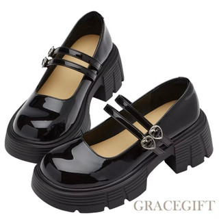 【Grace Gift】瑪莉珍鞋 包鞋 瑪麗珍【日系學院2WAY愛心雙帶輕量厚底瑪莉珍鞋】39號