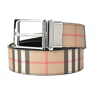 BURBERRY 素色經典格紋雙面針扣皮帶(卡其x黑)｜100%原廠真品｜JS Maxx官方旗艦館
