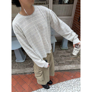 【Unknown】CS-05 Boxy編織條紋寬短長袖上衣 日系 復古 美式 條紋長袖 Boxy長袖 長袖T恤 寬短長袖