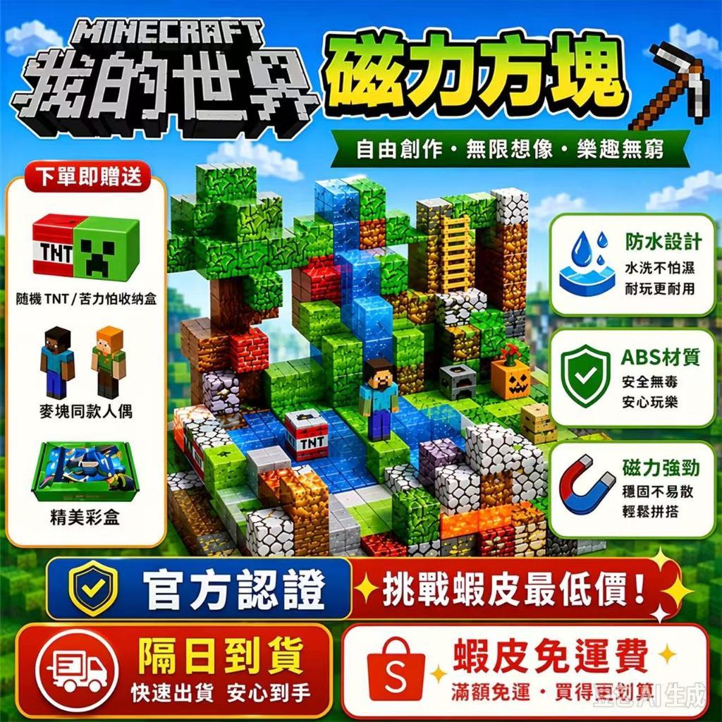 【贈送TNT/苦力怕收納桶】麥塊積木 磁力方塊 麥塊磁鐵 磁吸積木 磁力方塊積木 麥塊磁力方塊 拼裝磁力 益智積木 積木