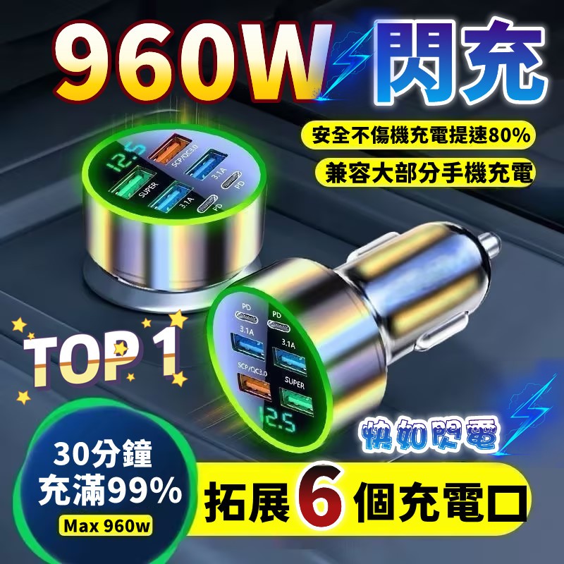 下殺中🔥960W顯屏車載充電器 六口閃充 車載充電器 USB Type-C 小米充電器 點菸器快充 車充頭 安卓蘋果通用