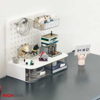 RICHOME 桌上型洞洞板收納置物架 辦公桌書桌收納/免打孔/公仔盲盒展示/雙抽屜文具盒/鑰匙充電線整理 BX012