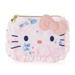 (特價)全新日本專櫃Hello Kitty超粉嫩浪漫滿版玫瑰蝴蝶結系列三邊滾荷葉邊拉鍊式扁平面紙化妝包/收納包/萬用包