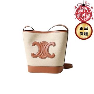 Celine 113782 小款 織物及牛皮革 Cuir 凱旋門水桶包 原色/黃褐色