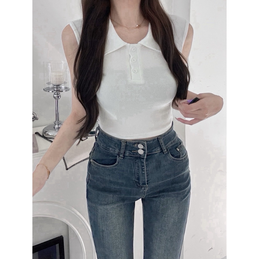 Meetu | 預購 POLO領坑條削肩顯瘦無袖上衣 女生修身針織背心 百搭氣質短版上衣