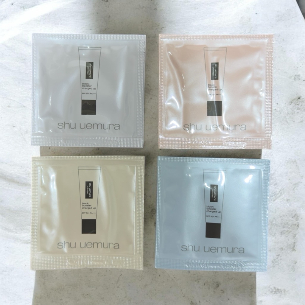shu uemura 植村秀無極限全效亮白精華防曬乳spf50+pa+++粉色1ml/膚色1ml/藍色1ml/紫色1ml