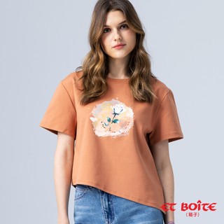 BLUE WAY ET BOiTE 箱子 - 女款 斜剪裁下襬玫瑰印花短TEE(磚橘)