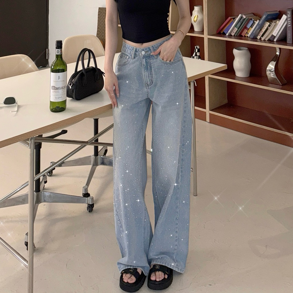 【CHING'S自訂】現貨 閃鑽中高腰牛仔落地寬褲 S-XL 亮鑽 燙鑽 女裝 褲子 牛仔褲 落地 修飾 丹寧  休閒
