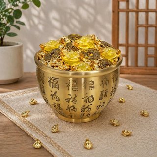 臺灣現貨•免運【A&R】招財轉運 百福納財黃銅聚寶盆附金蟾 元寶五帝錢擺飾 大款 [蝦皮代開發票]