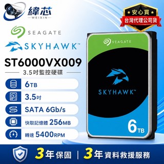 希捷6TB 3.5吋監控硬碟 ST6000VX009【3年保固】5400轉 Seagate SkyHawk 監控鷹