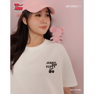 AIR SPACE PLUS 【湯姆貓與傑利鼠】 刺繡印花圓領短袖寬版TEE(白/粉紅) 女裝 現貨 大尺碼 中大尺碼