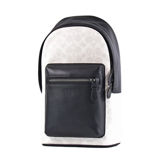 COACH 男款 緹花LOGO防刮拚小牛皮單肩背胸包-白/黑【美國正品現貨】