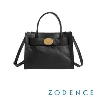 ZODENCE MONA義大利植鞣革橫飾皮帶手提斜背包 深邃黑
