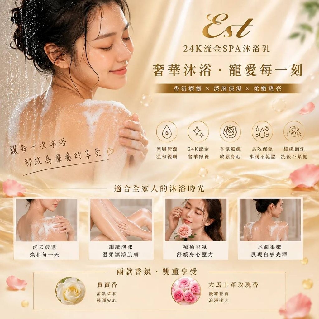 ［好物推薦］❤️小資分享體驗❤️​【EST嚴選】24K流金SPA沐浴乳-BABY香、大馬士革玫瑰香(500ml/瓶)