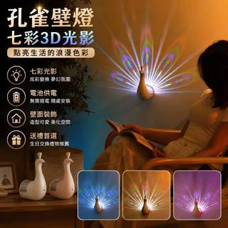 廢物專賣店 孔雀壁燈 七彩壁燈 3D壁燈 小夜燈 貓頭鷹 孔雀夜燈 牆面裝飾燈 LED電池供電 生日禮物 交換禮物