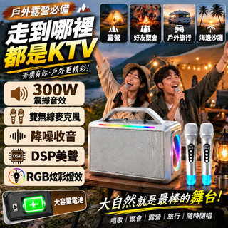 300W戶外K歌音響！雙無線麥克風！DSP降噪收音！RGB燈效】行動KTV 戶外音響 音響 低音炮 藍牙音響 喇叭 音箱