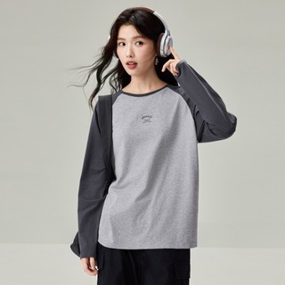 GIORDANO 女裝蝴蝶結刺繡撞色插肩純棉長袖T恤 13326612