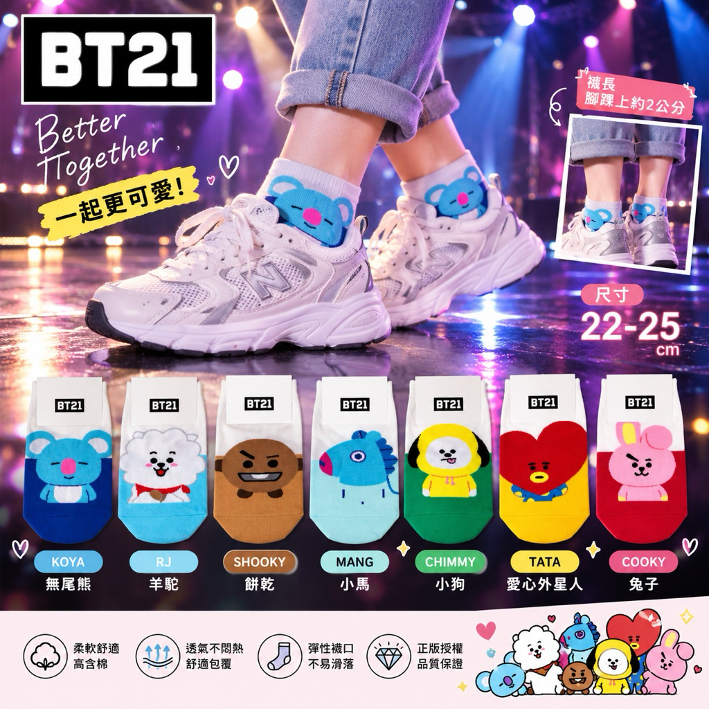#A2-588 韓國製 BT21 萌趣角色短筒襪｜ BT21明星舞台系列短襪｜韓國製・七角色可選・22-25cm