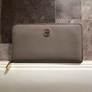 TORY BURCH 十字紋防刮皮革拉鏈式長夾 摩卡灰 二手微瑕