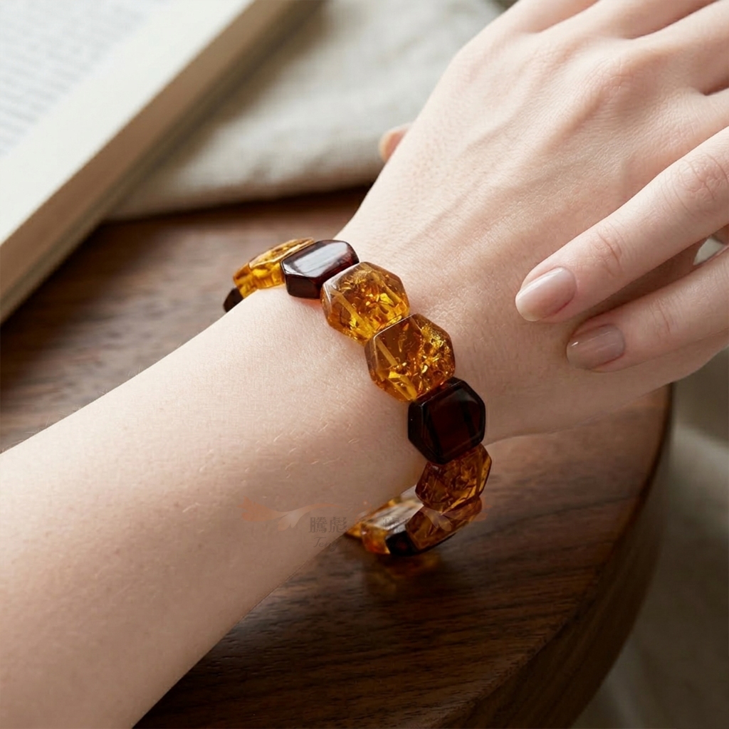 【騰彪琥珀】天然多寶色琥珀手牌 血珀 紅花琥珀 切割面設計 歐風系列 附保卡 手鍊 琥珀飾品 時尚百搭 藝術賞玩 吉祥寓