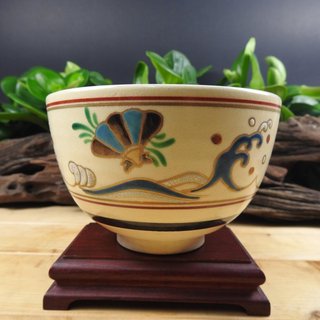【源藝2】瓷器80 抹茶專用茶碗 #落款瑞雲 貝類海浪圖 金襴手 純手工彩繪 老件瓷裂高 8 cm 直徑 12.5 cm
