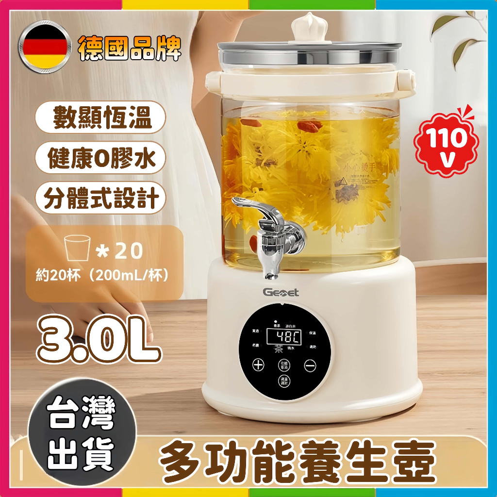 卡米諾🔥台灣出貨🚀德國Gemet110V養生壺 4L大容量 多功能燉煮壺 分體式花茶壺 煮茶壺 燒水壺 玻璃電熱壺