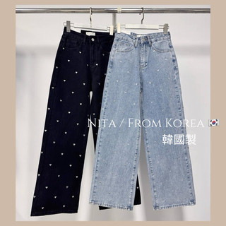 Nita🇰🇷正韓直送韓國製時髦設計2026 愛心燙鑽闊腿牛仔褲女直筒高腰寬鬆長褲韓國代購東大門韓國直送