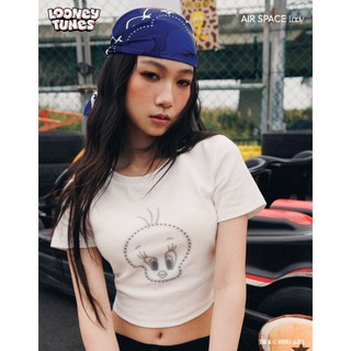 AIR SPACE LADY 【樂一通】 崔弟款印花鉚釘裝飾圓領側抽皺短袖短版 TEE(白/深藍) 女裝 現貨