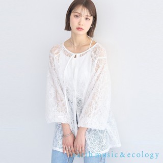 earth music&ecology 鏤空花朵蕾絲長版開襟襯衫/罩衫(01001520600)