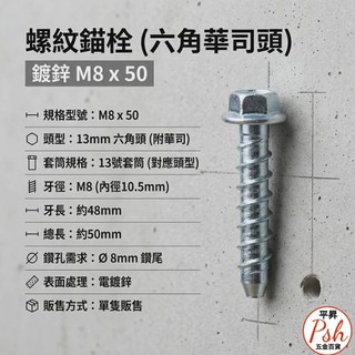 螺紋錨栓 六角華司頭 鍍鋅 13mm 六角頭 牙徑10.5mm 鑽孔鑽尾8mm M8 x 50鍍鋅(單隻)