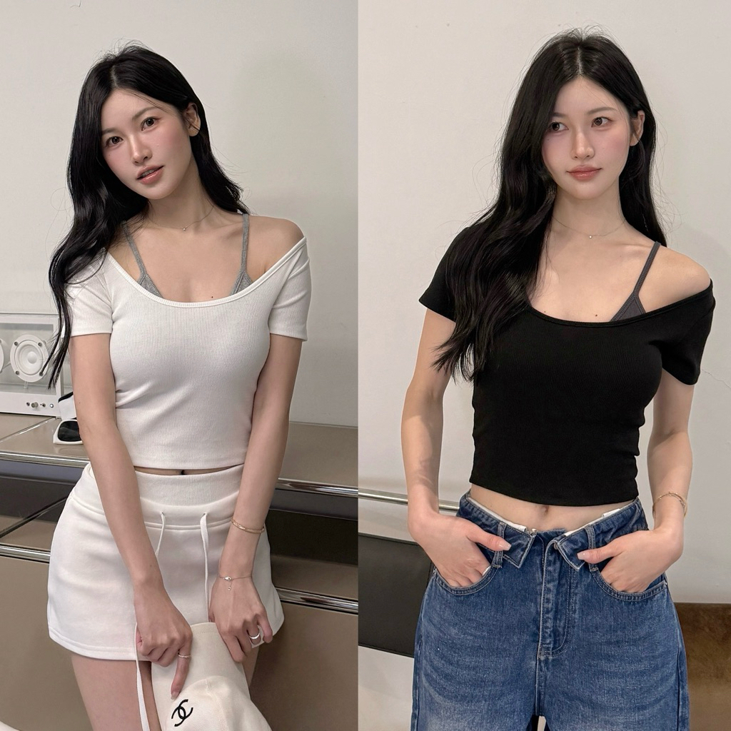 【CHING'S自訂】羅紋假兩件短版bra top美胸上衣 短袖 3色 分尺寸 附厚墊 MIT 女裝 T恤 坑條