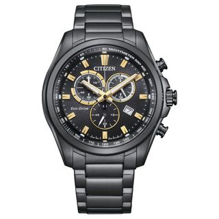 CITIZEN 星辰Chronograph系列 三眼計時黑鋼光動能腕錶*金色指針 AT2137-50E