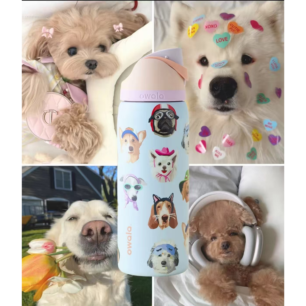 🐶爆款owala🐶雙層真空水果杯運動水壺🛒保溫杯 學生大容量吸管水杯 可愛狗狗臉拼貼吸管水壺 自製 收藏 送朋友禮物