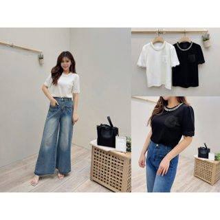 【 La Belle 韓系服飾】法式蕾絲小香風 工藝質感滾圈蕾絲袖上衣 拼接蕾絲 曼巴棉質t (臺灣現貨)(快速出貨)