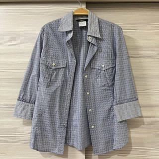Max Mara Weekend 水藍色拼接襯衫 條紋×格紋設計 七分袖知性上衣 M