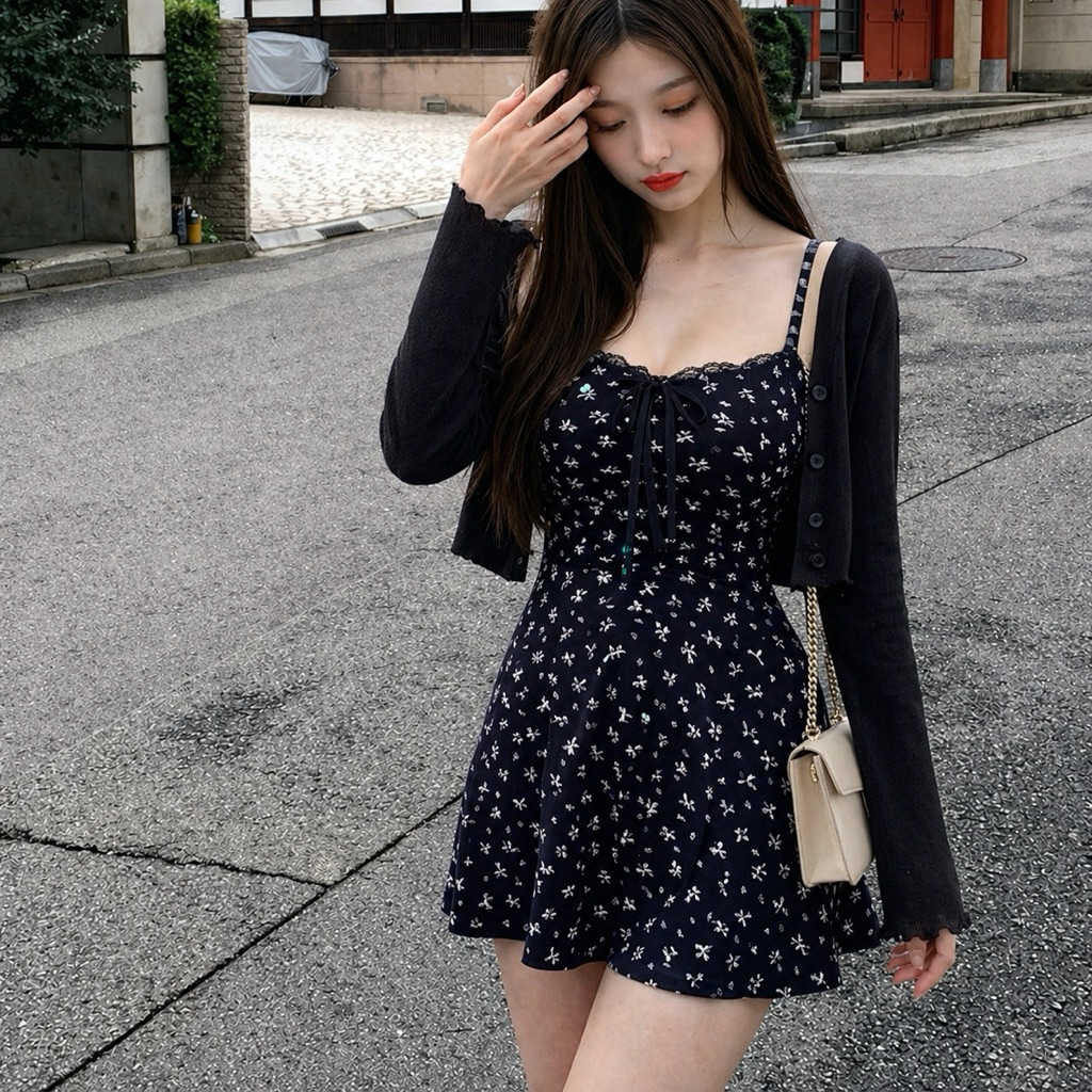 ᴅᴏɴᴛ sʟᴇᴇᴘ🧚🏻‍♀️現貨 帶胸墊🏷 歐美大牌小碎花短版包臀洋 A字傘擺 碎花洋裝 肩帶可調 蝴蝶結洋裝