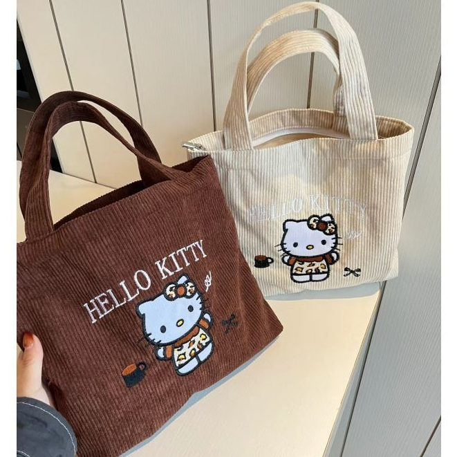 kitty手提包 原創刺繡kitty手提包百搭大容量燈芯絨手拎包女學生可愛卡通通勤 kitty托特包 kitty肩背包