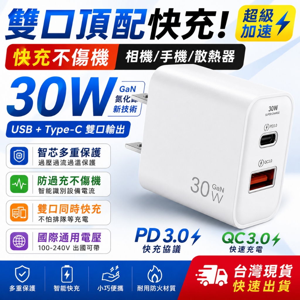 隔日達🚀30W雙口快充頭 PD充電頭 適用iPhone/ipad全系充電器 USB+C雙孔充電器 旅充頭 安卓蘋果充電器