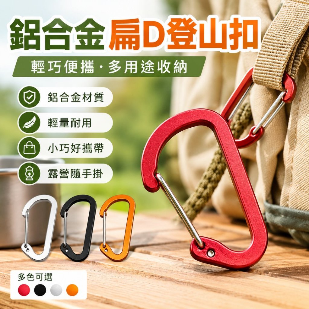 台灣出貨🔥鋁合金扁D登山扣 輕量D型快掛扣 鑰匙扣 水瓶扣 背包掛勾 露營收納扣 戶外多功能掛扣