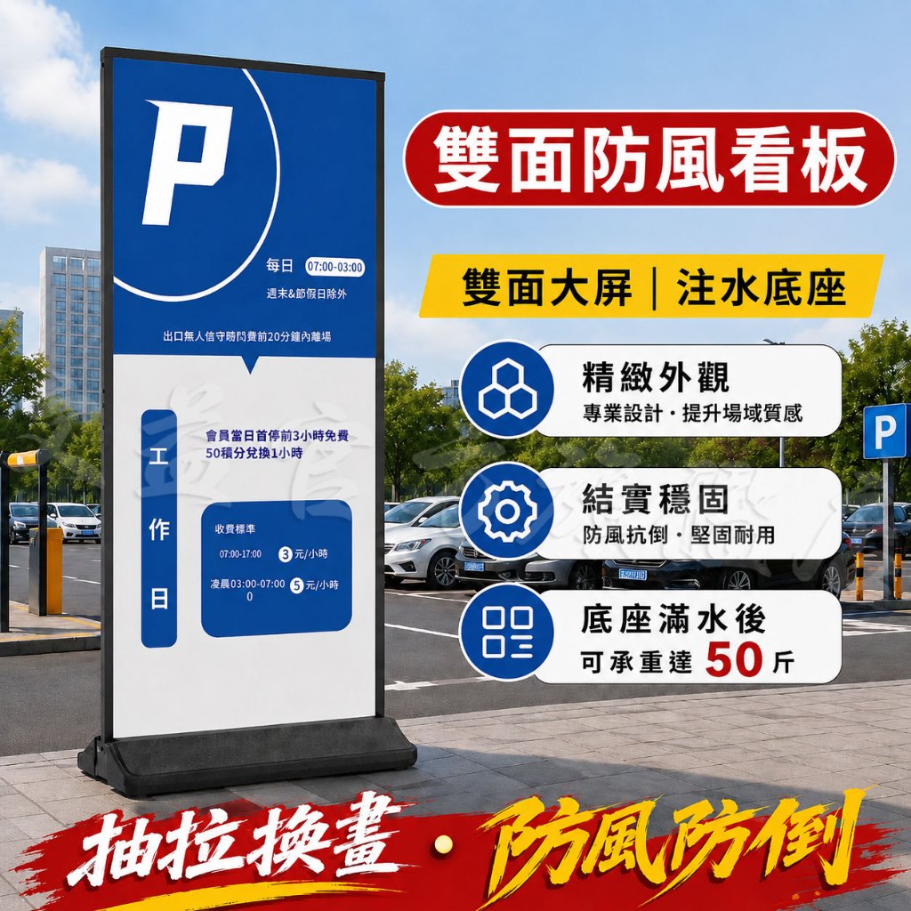 雙面防風招牌、雙面海報架、雙面落地式招牌、雙面廣告架、展示架、停車場招牌、帶重力底座的雙面展示架、雙面公告牌、商場店鋪開
