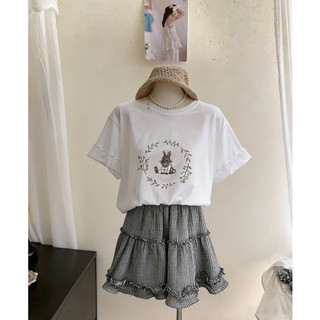 【CHILL】現貨 韓系初戀感！蕾絲花邊/荷葉袖印花Tee百搭顯瘦 少女感 甜美風 百搭T恤 顯瘦短袖
