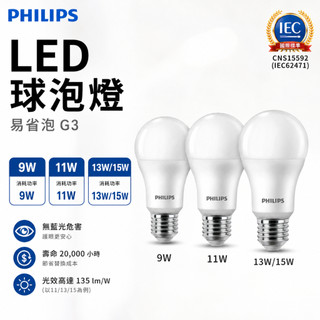 PHILIPS 飛利浦 LED球泡燈 易省泡G3 E27 無藍光 9W 11W 13W 15W 三色溫 球泡燈